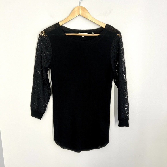 REBECCA TAYLOR Wool Alpaca Blend Sweater with Lace Shoulder Detail Black Size S - Picture 2 of 6